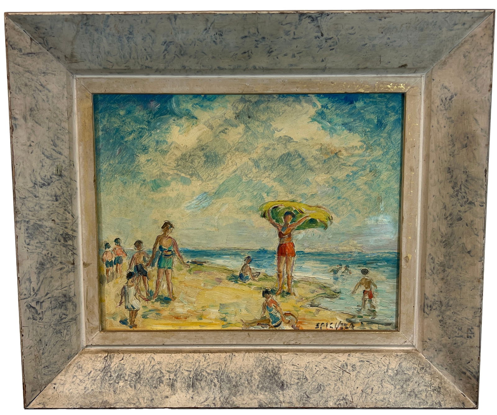Francesco Spicuzza, Beach Scene, Signed Oil Painting, 1940 (1 of 6)
