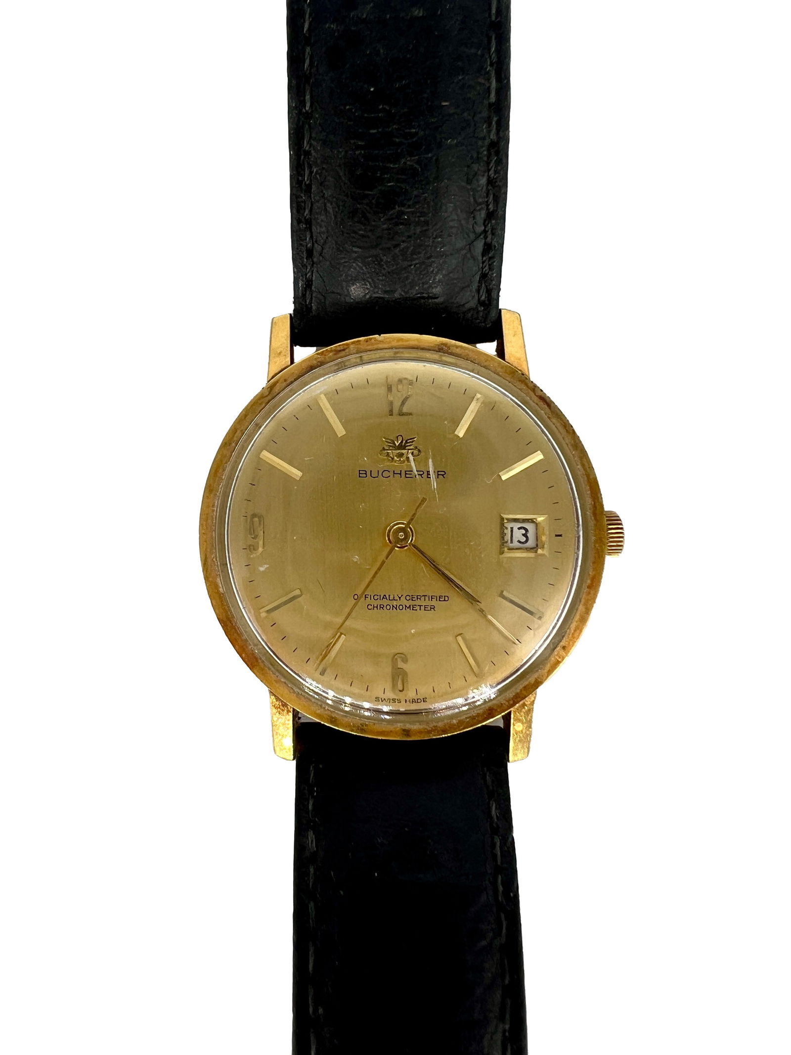 Bucherer 18k Chronometer Watch: One Bucherer 18k Chronometer watch. 18k gold, chemically tested.9 in. x 1.5 in.All items sold as isDimensions reflect unframed art, unless stated otherwise.If pictured, frames will be provided with lo