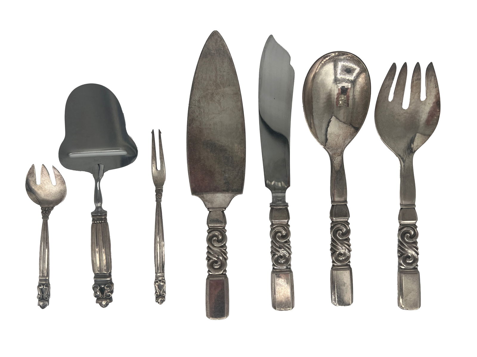 Two Georg Jensen Sterling Silver Flatware Serving Sets, Acorn Pattern, Scroll Pattern (1 of 10)