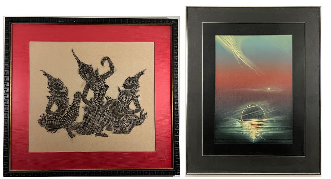 Thai Temple Rubbing and Andreas Nottebohm, Flower of Space and Time, Signed Color Serigraph 1982: Lot of two items. One Thai Temple Rubbing housed in a decorative frame under glass.20.5 in. x 23.5 in. without frame 29 in. x 32 in. with frameOne signed color serigraph by Andreas Nottebohm (German/A