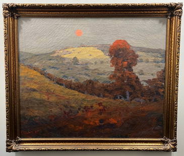 Gianni Cilfone, “Moonrise", Signed Oil Painting, 1928: One signed oil on canvas painting by Gianni Cilfone (American, 1908-1990) depicting a red moon rising over a mountainous horizon with autumn trees in the foreground. The loose brushstrokes of reds,