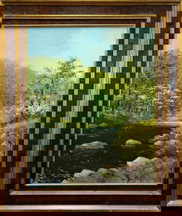 Steven O. Donnell, Landscape Oil Painting: One signed oil on canvas painting depicting a spring landscape with a river, trees, and rocks. The artist uses thin, small brushstrokes to contrast the delicate green leaves and white flowers with