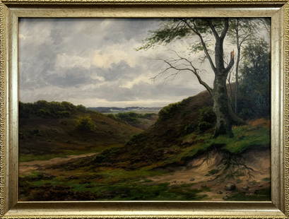 Karl Emil Lundgreen, Landscape Oil Painting: One signed oil on canvas painting depicting a lone tree in a hilly landscape. The broken tree sits on a hillside with its roots exposed amongst a barren patch of land. The sky is full of gray clouds