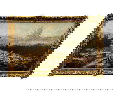 Henry Hulsmann, Oil Painting of a Scenic Landscape: One signed oil on canvas painting by Henry Hulsmann depicting a rocky, forest landscape with a small stream in the foreground and a mountain peak in the background. A rocky, barren path cuts through