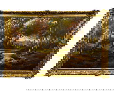 Henry Hulsmann, Oil Painting of an Autumn Landscape: One signed oil on canvas painting by Henry Hulsmann depicting an autumn landscape with a creek, rocks and trees. The artist uses pointillist brushstrokes to create the warm red, yellow, and green