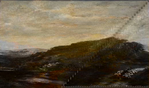 Henry Hulsmann, Oil Painting of a Sheep Herder and Sheep in a Landscape: One signed oil on canvas painting depicting a sheep herder with his sheep, set in a vast landscape. The sheep header guides his flock of sleep in the foreground. They are preparing to cross the