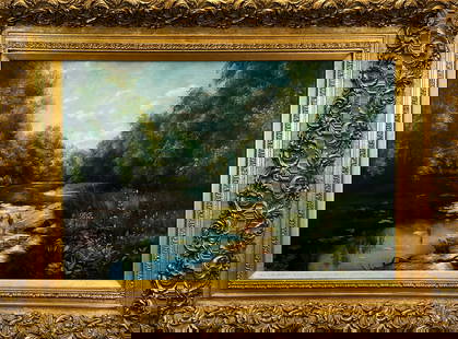 F. Andrea, River Landscape Oil Painting: One signed oil on canvas painting depicting a pastoral scene with a river landscape. This lush, green forest is painted with great detail showcasing various plants growing amongst the tall grass. The