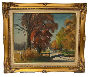 Pauline Palmer, Untitled "Landscape", Signed Oil Painting: One oil on Masonite landscape painting depicting a tree-lined dirt road leading toward houses. The trees are saturated in autumnal colors, with a hazy sky in the background. The artwork is housed in