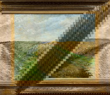 Henriette Schmidt-Bonn, Oil Painting of a Landscape, Featuring a Dirt Road and a Wheat Field: One signed oil on canvas painting depicting a pastoral landscape. A dirt road cuts through a field of wheat and leads to a forest. A cloudy blue sky shines light on the bright, green grass lining the