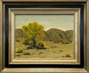 DeWitt Parshall, "Desert Landscape", Oil Painting: One oil painting on canvas depicting a desert scene with mountains in the background and a single tree in the middle ground. The bright greens and yellows of the tree suggest an oasis of shade in an