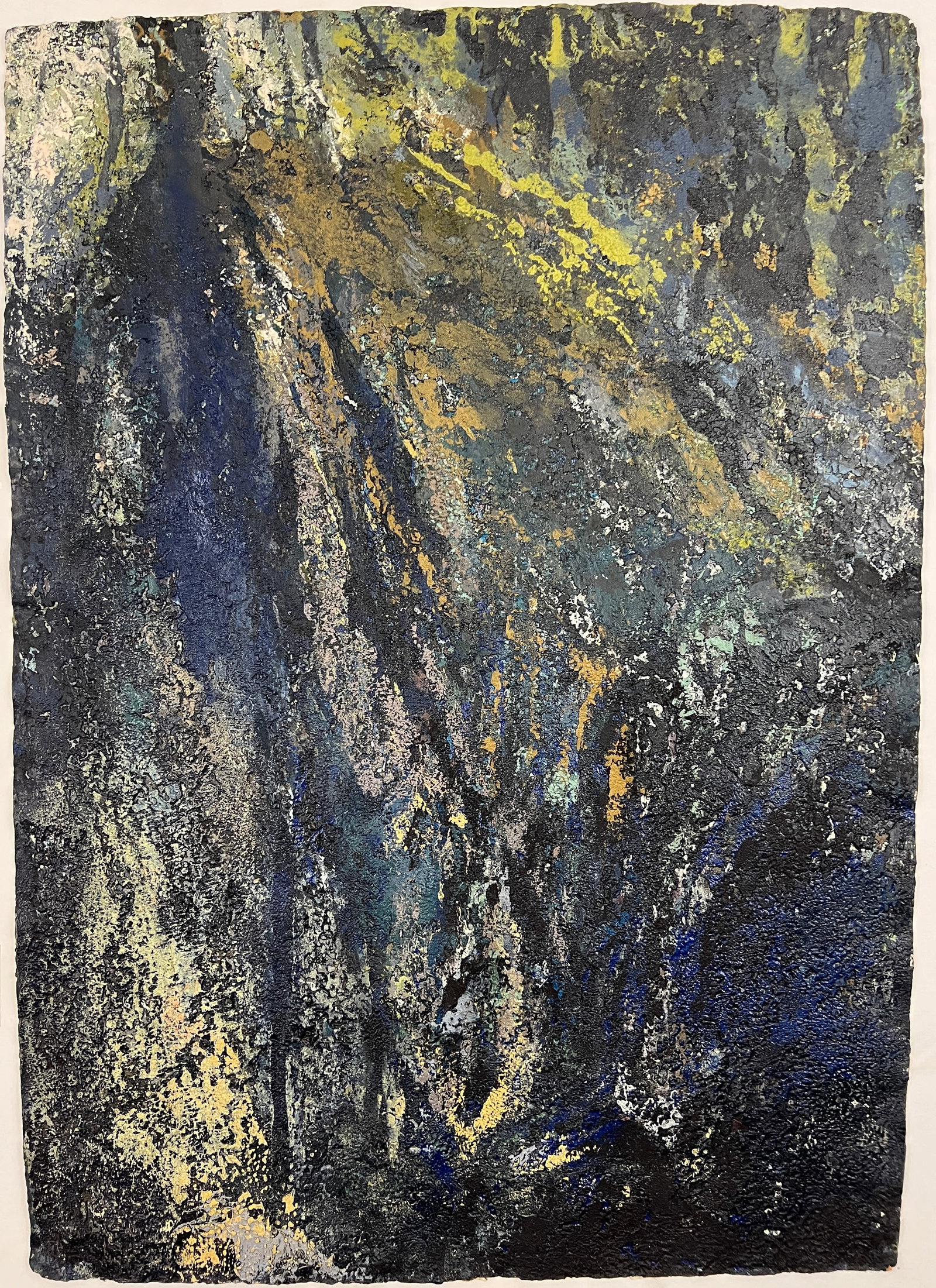Barry Gealt, "To Walk This Earth", Signed Oil Painting: One abstract oil painting signed en verso by Barry Gealt. Sporadic brushstrokes of yellows, oranges, pinks, and blues litter the canvas creating a sense of dynamism. The artist uses impasto to create 
