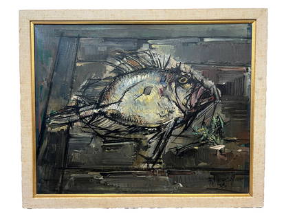 Roger Lersy, "Abstract Fish", Signed Oil Painting, 1953: One signed oil on canvas painting by Roger Lersy depicting an abstract deep sea fish in hues of beige, brown, pink, and blue. The artist uses quick, linear brushstrokes to create the triangular