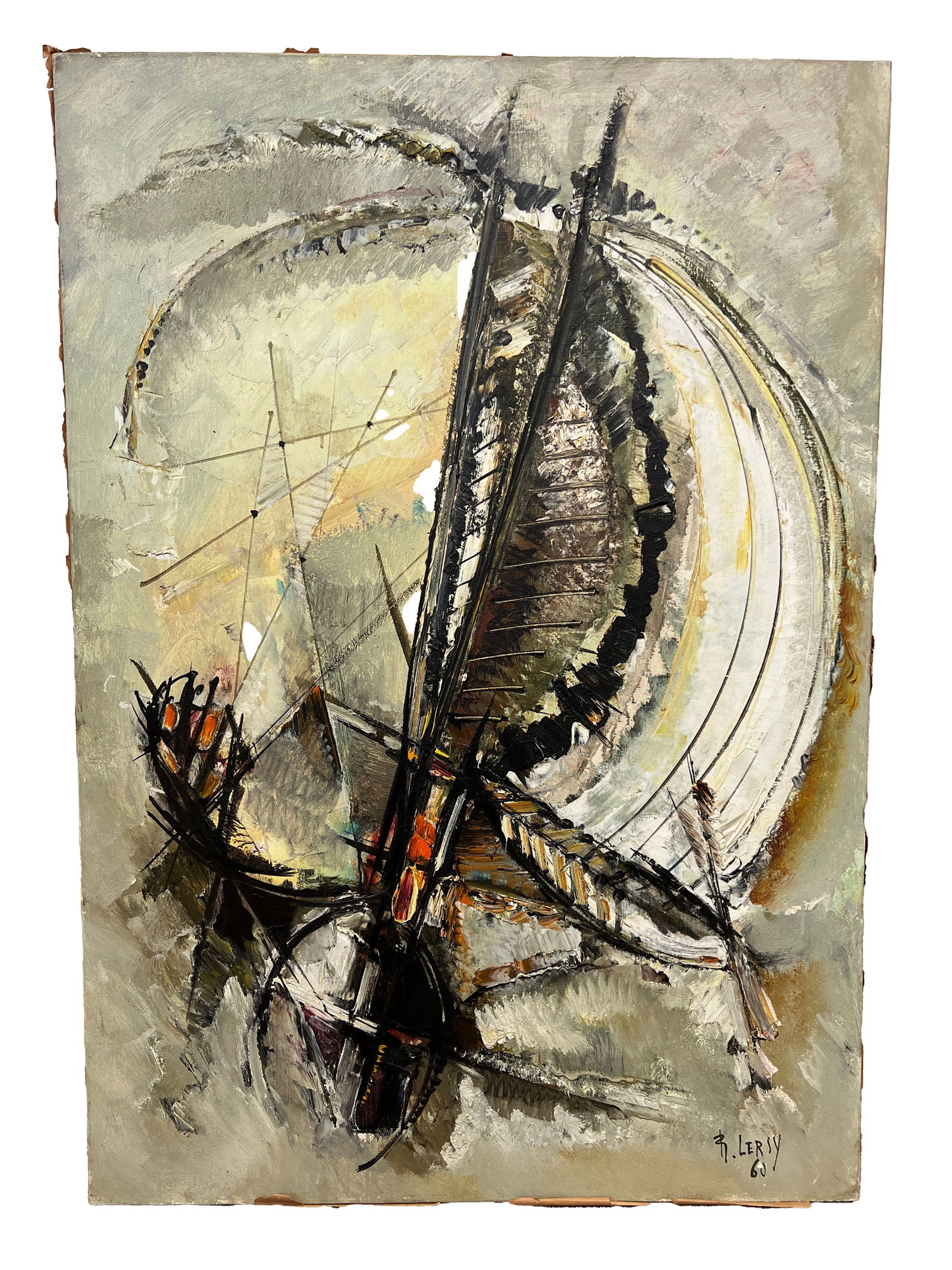 Roger Lersy, "Sailboat Tacking", Signed Oil Painting, 1960: One oil painting of an abstract sail boat at sea. The artist uses swooping, linear brushstrokes to create a dynamic scene. The sailboat tips forward as the sail blows in the wind. The background is ma