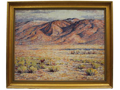 Dines Carlsen Painting, "Mountain Desert Landscape", Oil on Board: One oil on board painting by Dines Carlsen depicting an Arizonan desert landscape. In the foreground are two cattle, one standing and one sitting on the small patch of greenery amongst the otherwise,