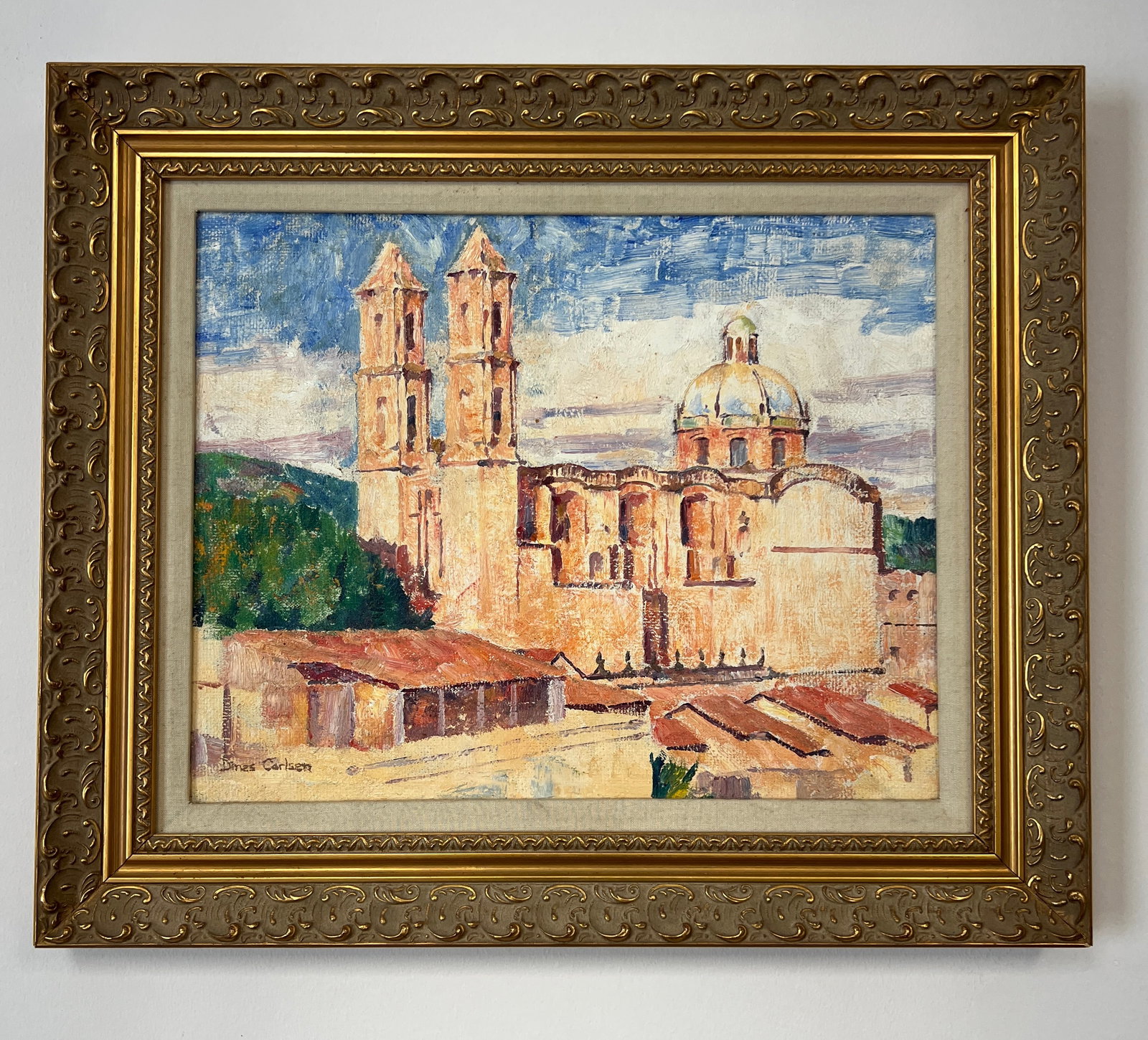Dines Carlsen, "Santa Prisca en la Tarde", Signed Oil Painting: One signed oil on Masonite painting by Dines Carlsen depicting the Church of Santa Prisca de Taxco in the afternoon. The iconic church located in Taxco, Mexico, was constructed in 1750s in the New Spa