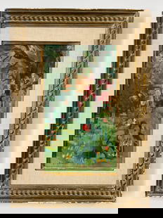 Paul Collomb, "Le Jardin", Signed Oil Painting: One signed oil on canvas depicting an abstract figure walking in a garden. Pink and orange flowers, green foliage and trees, and an orange roof line are depicted. The artist uses loose brushstrokes