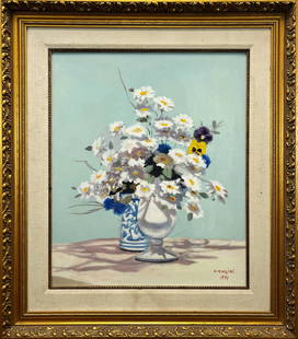 A. Radjai, Oil Painting Floral Still Life: One signed oil on canvas painting depicting a bouquet of daises and other yellow, black, and blue flowers sitting in a white vase. A blue and white patterned jug sits behind the vase of flowers. The
