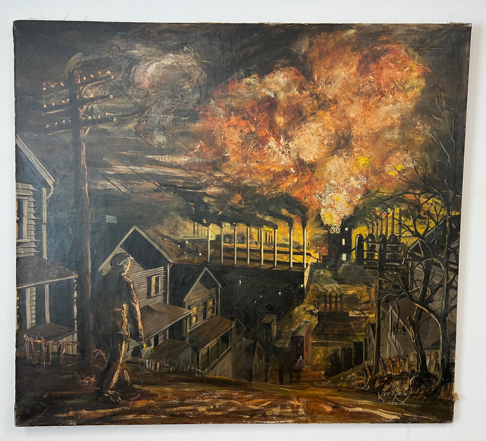 Lewis Kesling, "Steel Mills", Signed Oil Painting: One signed oil on canvas painting by Lewis Kesling (American, 1930 – 2003) depicting a man walking toward steel mills that are on fire. The figure occupies the left foreground of the composition, as