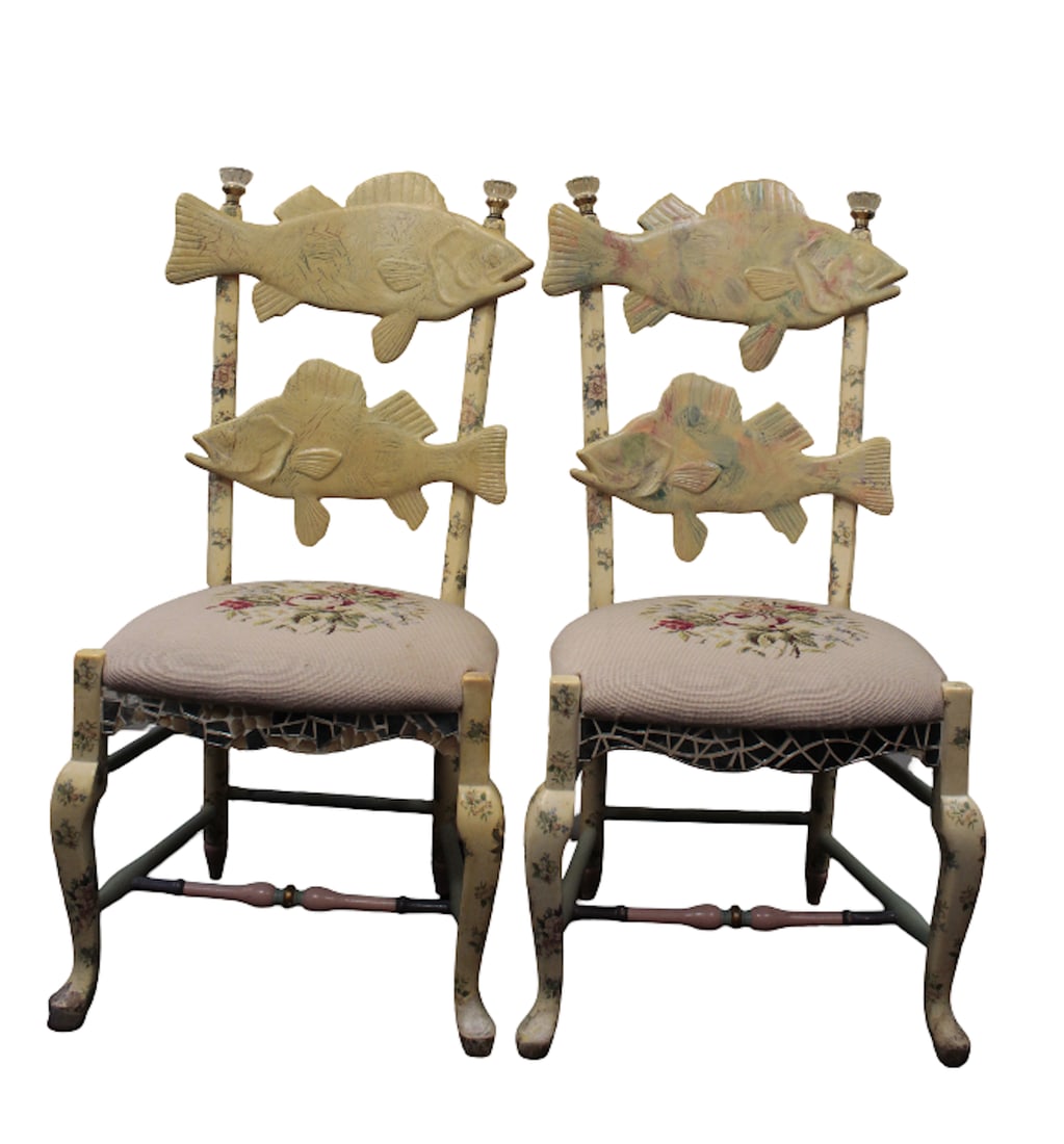 Set of 2 Mackenzie-Childs Fleur de Fish Chairs: A set of 2 Mackenzie-Childs Fleur de Fish Chairs. Wear and tear throughout; including missing mirror pieces around seats.All items sold as is.Dimensions reflect unframed art, unless stated otherwise.
