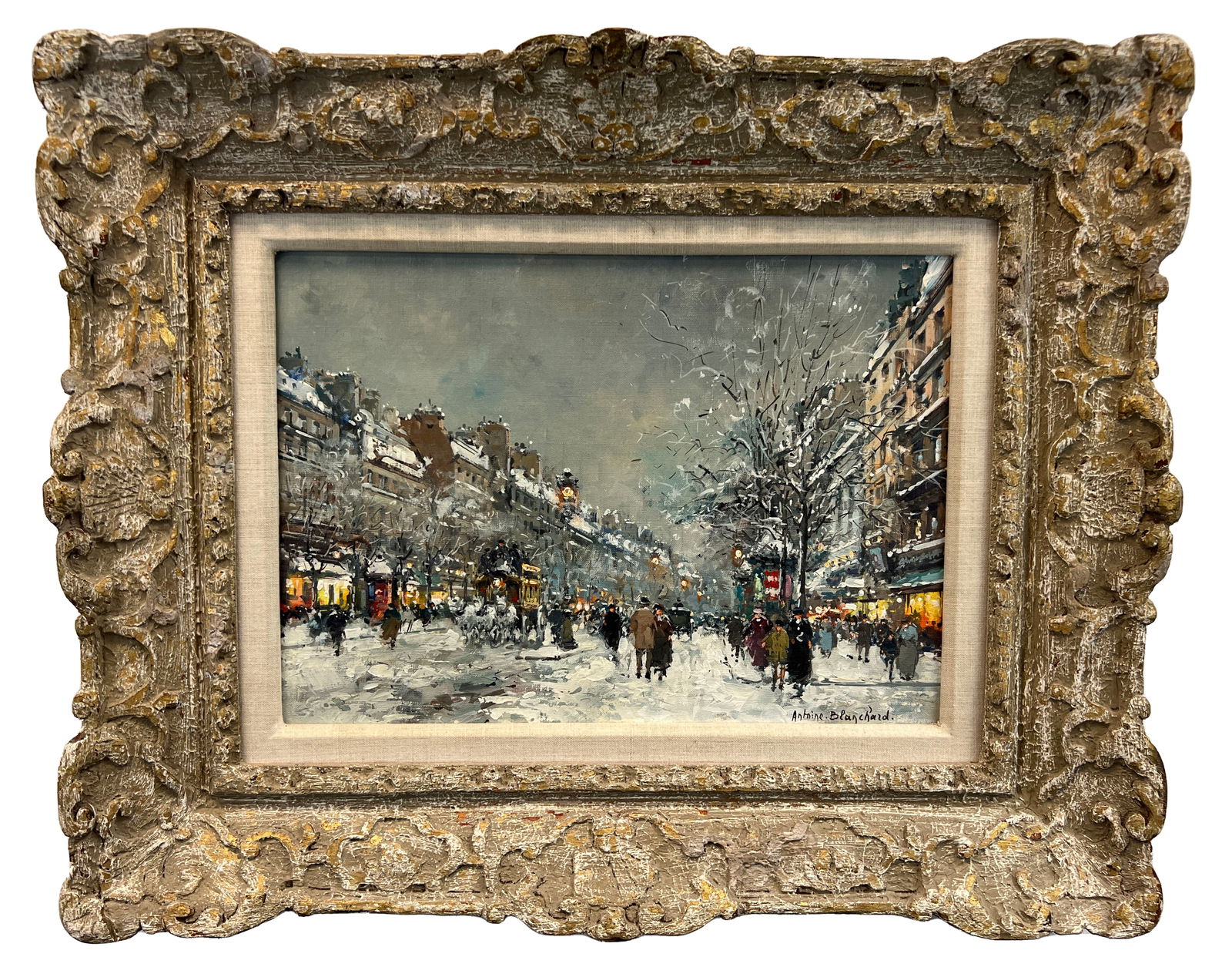 Antoine Blanchard, "Winter Street Scene", Signed Oil on Canvas: One signed oil painting on canvas of a Paris street scene in the winter, covered in snow, by Antoine Blanchard (French, 1910-1988). Even though snow covers the ground, tops of buildings, and tree bran