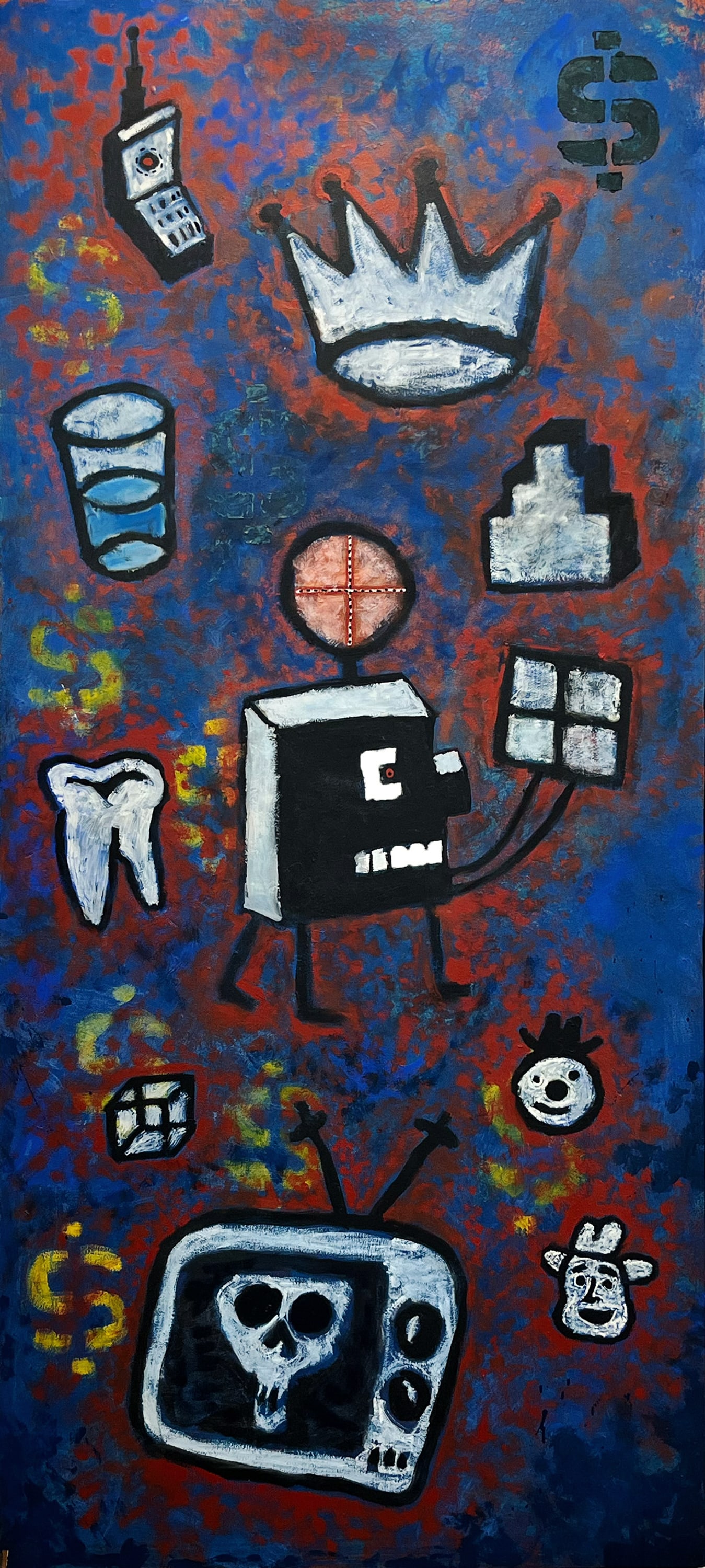 Thomas Billings, "The Empire Builder", Acrylic Painting: One acrylic painting by Thomas Billings on a hollow-core door, signed en verso, 1996. The painting depicts a black and white cartoon cube figure holding a black and white 2D square surrounded by other