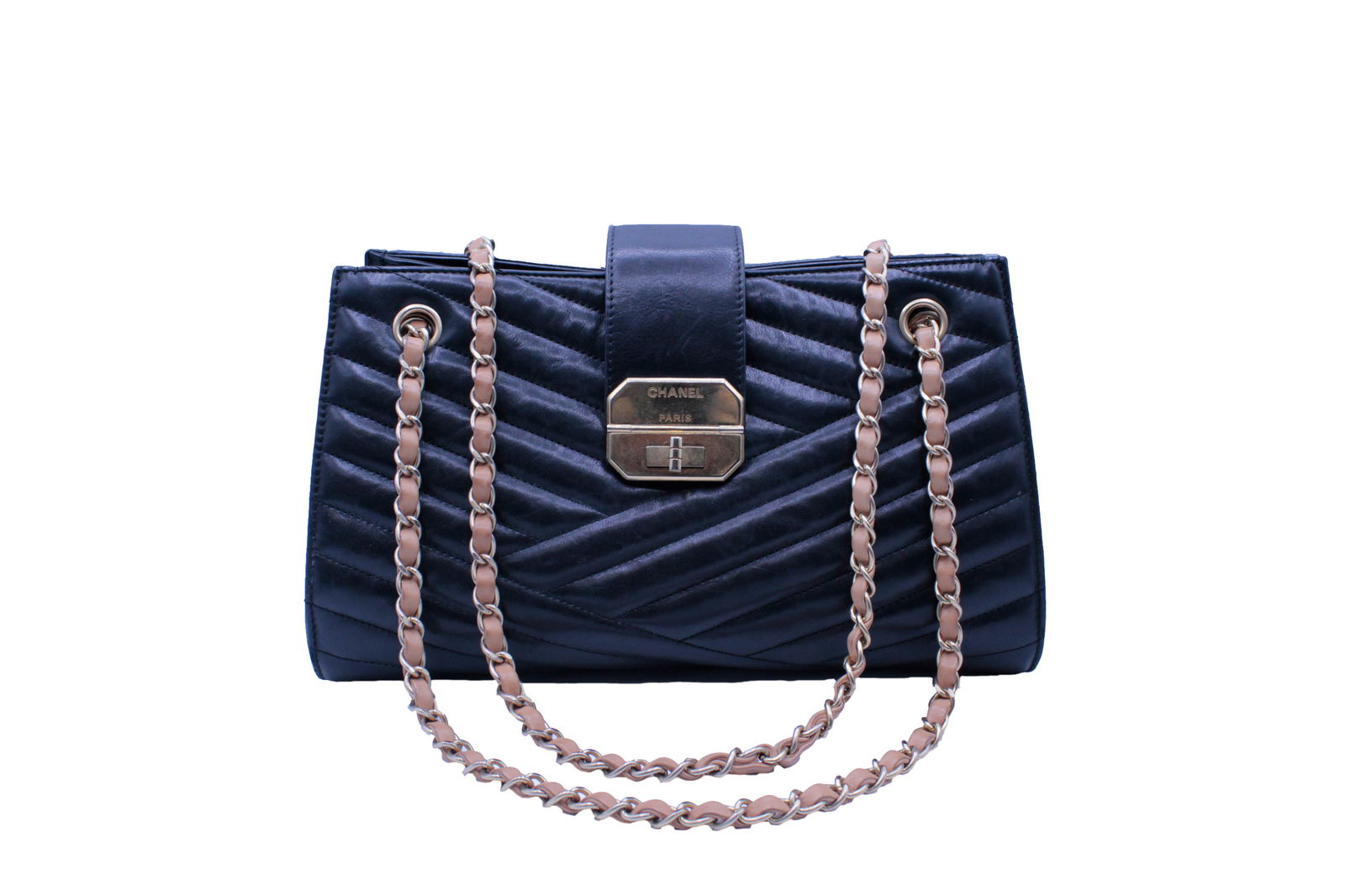 Chanel Black and Beige Quilted Chevron Lambskin Gabrielle Accordion Shoulder Bag: One Chanel black and beige quilted chevron lambskin Gabrielle accordion shoulder bag with gold hardware. 7 x 11.5 x 7 in. This bag has a beige woven shoulder strap and gold turnlock. The bags interior