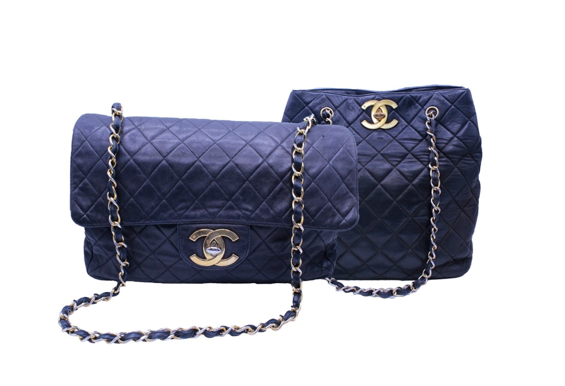 Lot of 2 Vintage Chanel Handbags: Lot of two Vintage Chanel handbags. One vintage Chanel Matrasse Decacoco turnlock double chain black shoulder bag featuring gold hardware. This bag is in fair condition, the leather has some scuffs an