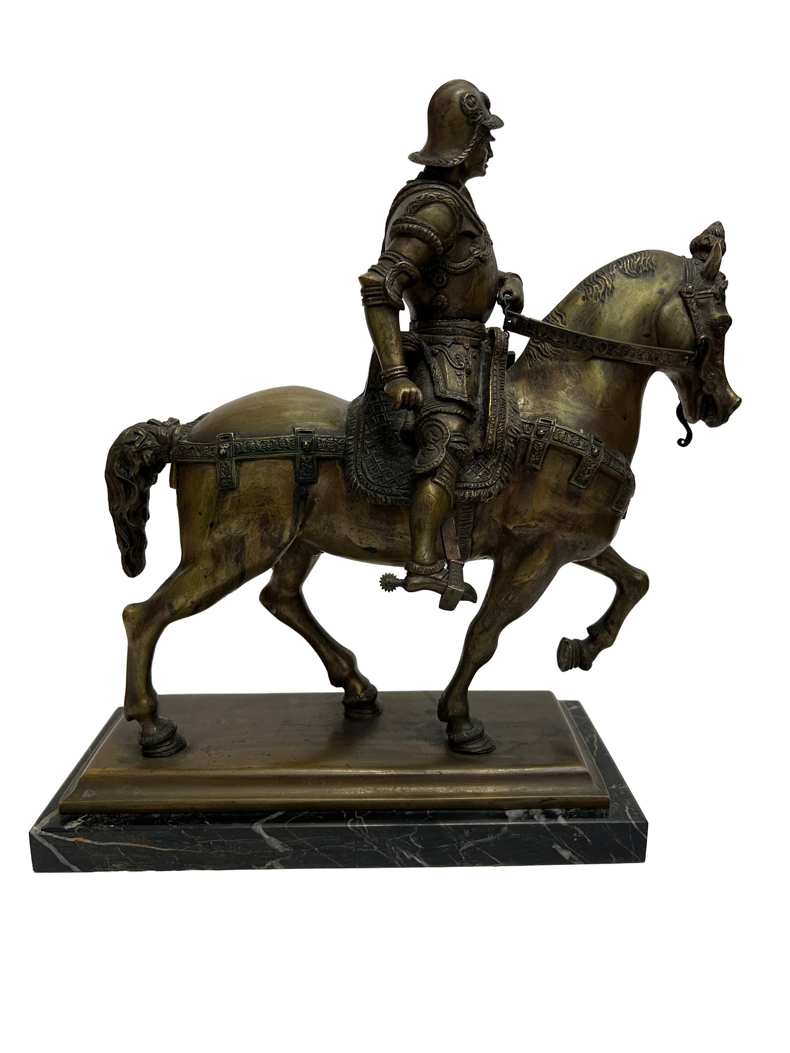 19th Century Bronze, Bartolomeo Collenoi, Equestrian Horse Statue After Andrea del Verocchio: A 19th century sculpture of a knight in full armor riding a horse. The knight wears a plumed helmet and detailed armor with ornate patterns on the chest, arms, and legs. He holds the reins in one hand