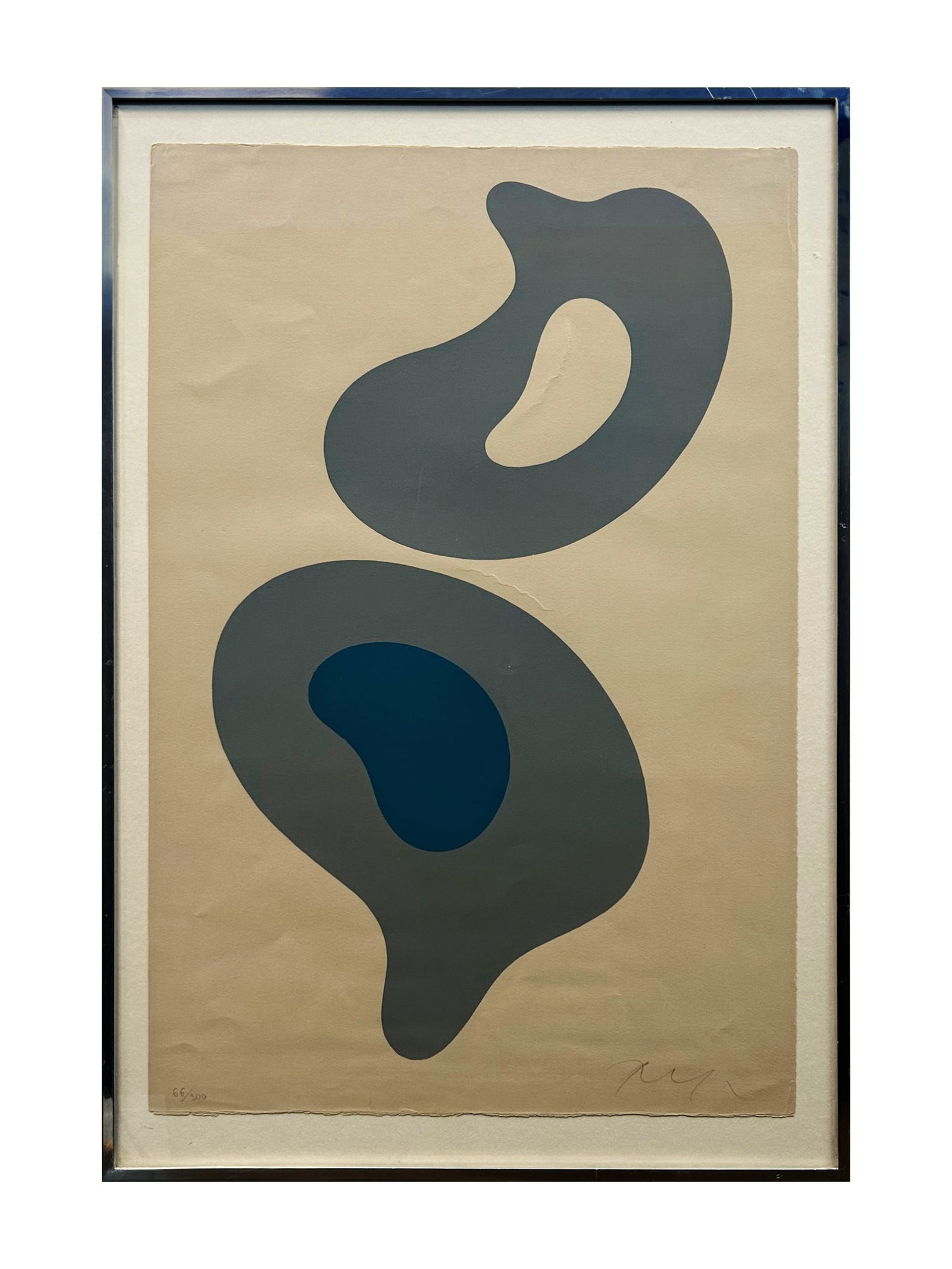 Jean Arp, "Configuration", Signed Lithograph: One lithograph of two grey organic shapes sit vertically on the paper with uneven positive and negative space within the forms. The lower shape's middle is filled with a dark blue color, and the above