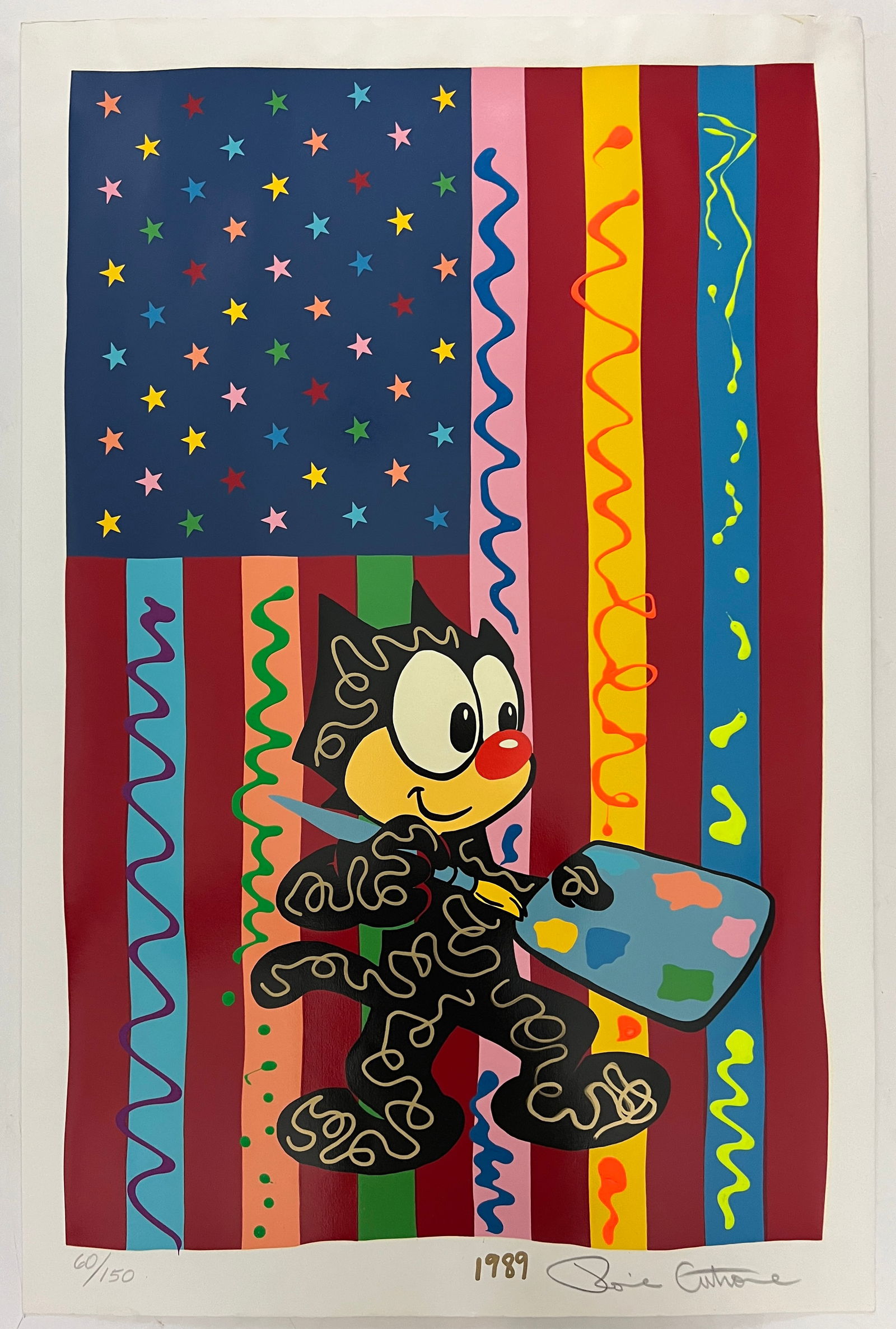 Ronnie Cutrone Color Screenprint of Felix the Cat and the American Flag: One color screen print on paper of Felix the cartoon cat holding a brush and palette, standing in front of a variation of the American flag. Paint splatters and lines of differing colors fill alternat