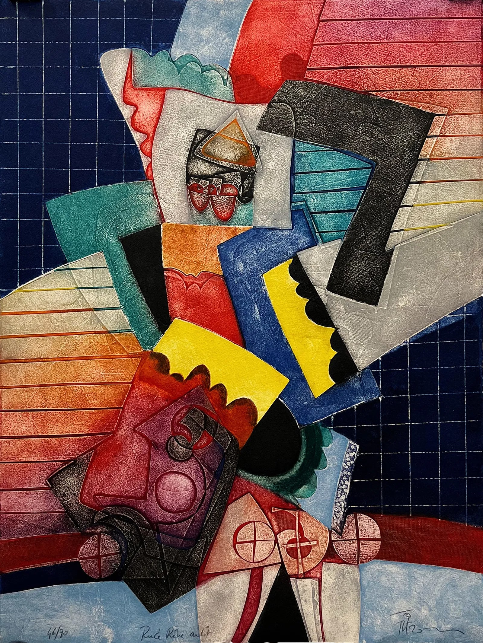 Gerard Fitremann Color Screenprint of Abstract Multicolored Geometric Forms: One color screenprint of abstract multicolored geometric forms, notably an upside-down black L-shape in the top middle of the print. Edition 59/90 30 x 22.5 in. All items sold as is. Dimensions reflec