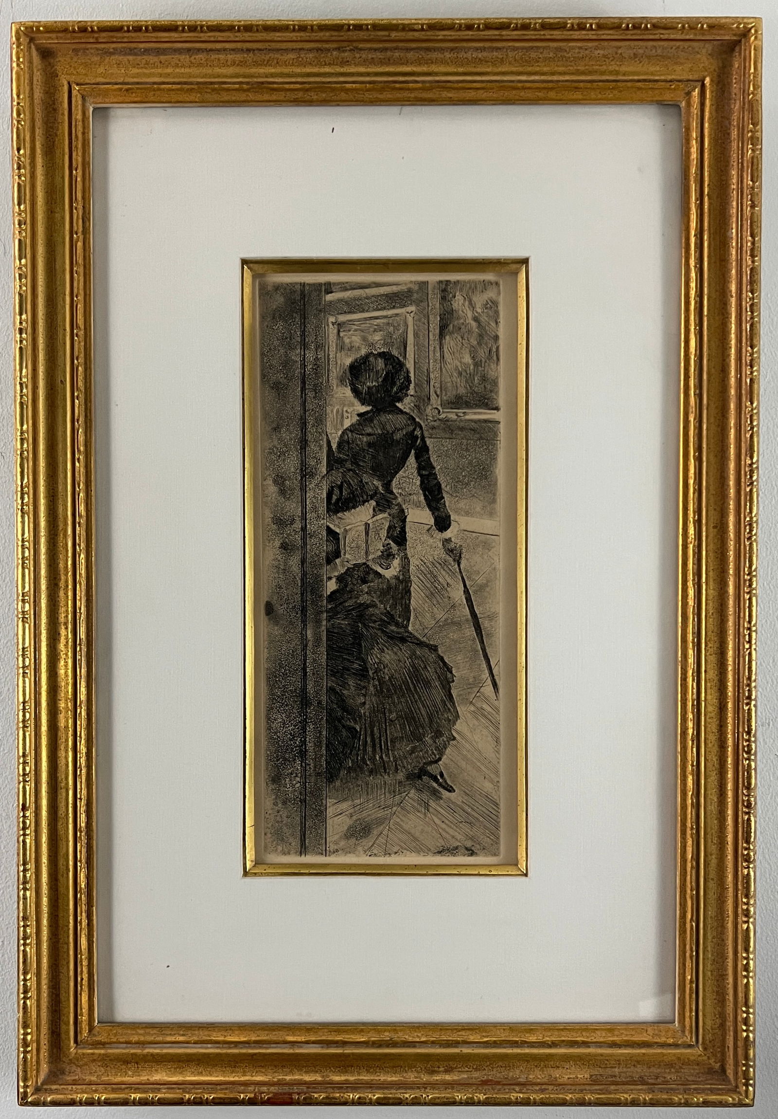 Edgar Degas, "Au Louvre - La Peinture (Mary Cassatt)", Etching with Aquatint and Drypoint: One Etching with Aquatint and Drypoint by Edgar Degas, Au Louvre - La Peinture (Mary Cassatt), 3rd State. The etching is made from the point of view of someone staring at two women through a doorway i