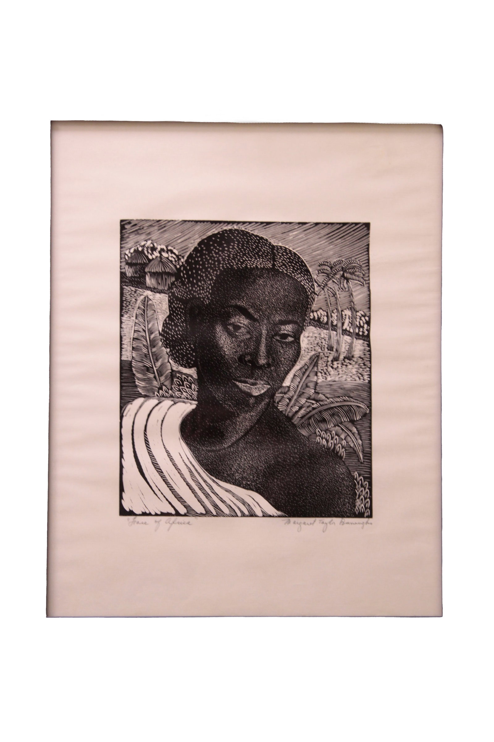 Margaret Taylor-Burroughs, Face of Africa, Signed Woodcut on Paper: One signed Margaret Taylor-Burroughs woodcut on paper print depicting the face and shoulders of an African American woman with one shoulder uncovered. Palm trees and other flora are depicted in the ba