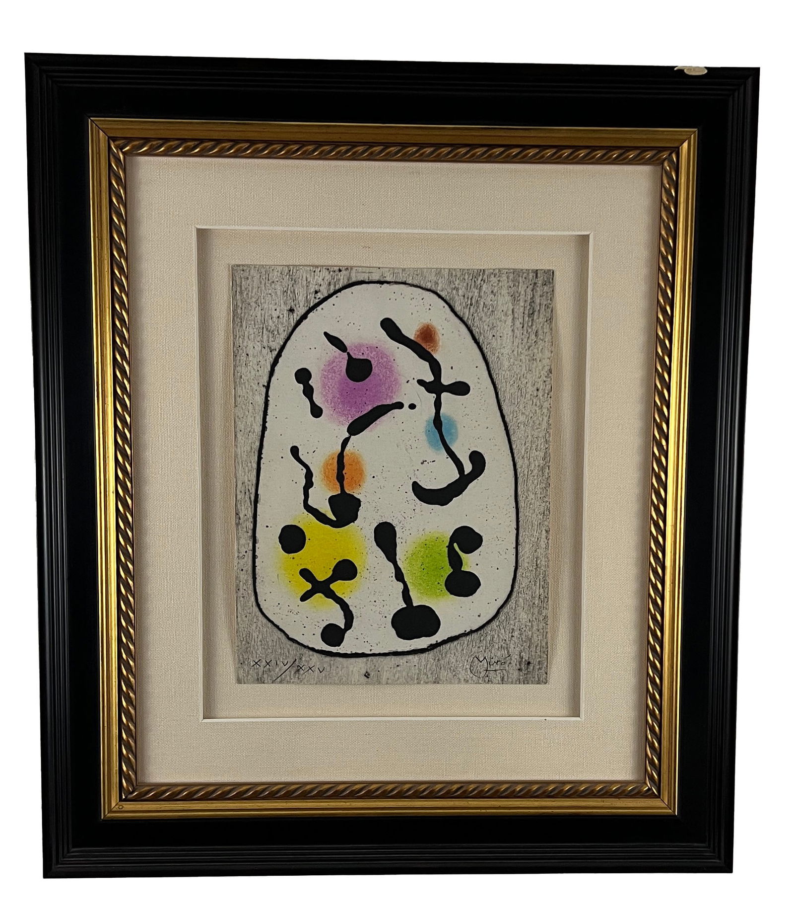 Joan Miró, "Composition III", Signed Etching and Aquatint, 1961: One signed etching and aquatint by Joan Miró depicting a white circle with purple, orange, yellow, green, blue, and red circles and squiggly black lines inside of it. The background is made up of sma