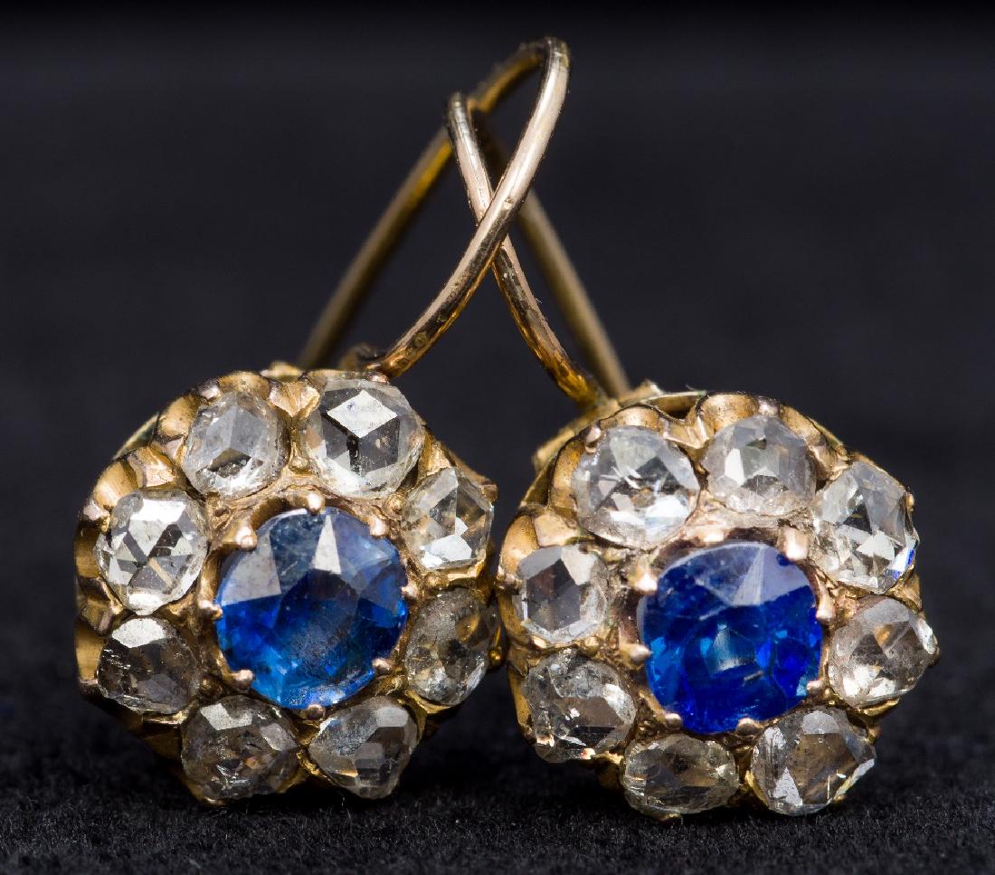 A pair of unmarked gold, diamond and sapphire earrings (1 of 1)
