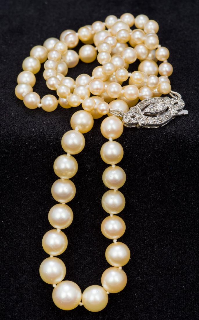 A 1920s cultured pearl necklace The beads of graduated: A 1920s cultured pearl necklace The beads of graduated form with a diamond set clasp. 53 cm long.