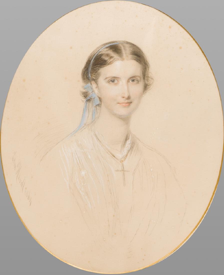 EDMUND HAVELL (1819-1894) British Portrait of Charlotte: EDMUND HAVELL (1819-1894) British Portrait of Charlotte Helena Robinson (1839-1869) Chalk and pencil, signed and dated 1864, oval framed and glazed. 43.5 x 54 cm.