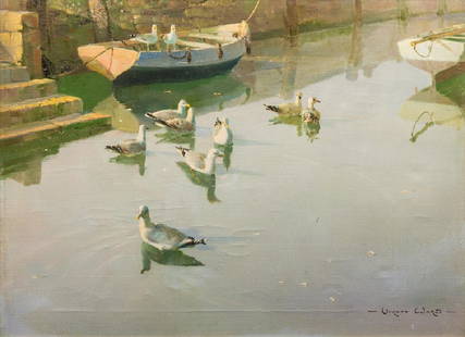 VERNON WARD (1905-1985) British (AR) Gulls in a Cornish: VERNON WARD (1905-1985) British (AR) Gulls in a Cornish Harbour, possibly Mousehole Oil on canvas, signed, framed. 60 x 44 cm.