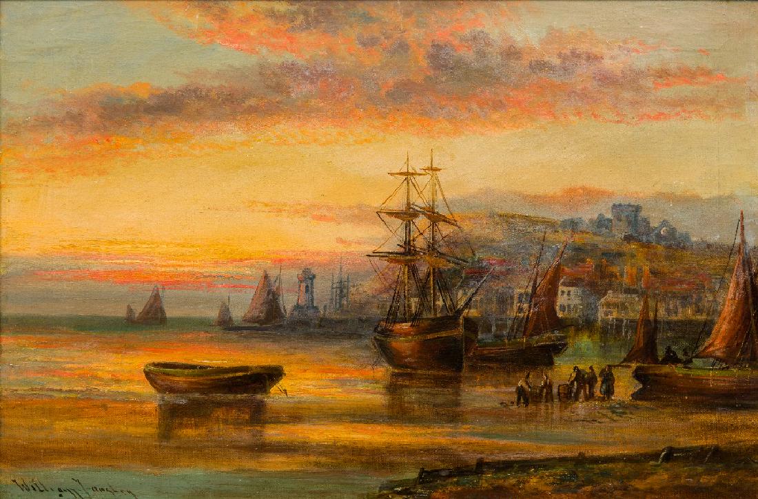 WILLIAM LANGLEY (1852-1922) British Unloading the Catch: WILLIAM LANGLEY (1852-1922) British Unloading the Catch at Low Water Oil on canvas, signed, framed. 60 x 39 cm.