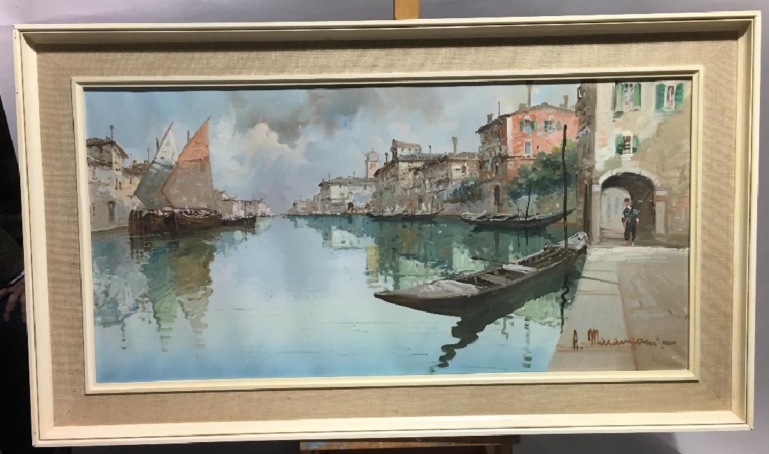 ALDO MARANGONI (19th/20th century) Italian Venice Oil: ALDO MARANGONI (19th/20th century) Italian Venice Oil on canvas, signed, further signed and inscribed to verso, framed. 80 x 39 cm.