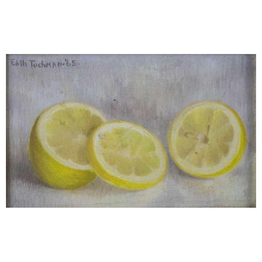Edith Tuchman - Lemons: Lemons by Edith Tuchman (American). Original oil painting. Image size 6" x 4". Framed size 10" x 8". Gorgeous frame (please, if you would like better photos of the frame contact us). Listed American a
