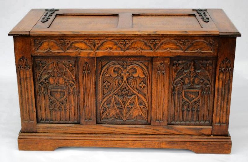 Gothic English Hand Carved Wood Chest (1 of 8)