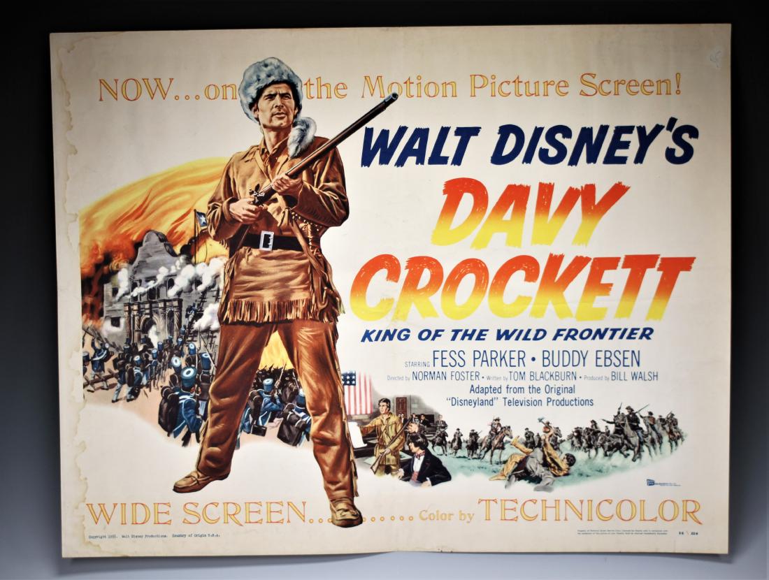 Original Disney Davy Crockett Color Movie Poster: Original movie poster from Walt Disney's Davy Crockett: King Of The Wild Frontier starring Fess Parker and Buddy Ebson. Half sheet, full color, 1955. Dimensions: Approximately 22" x 27 1/2". SHIPPING 