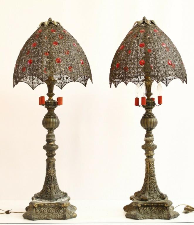Pair Ornate Brass & Crystal Moorish Floor Lamps (1 of 11)