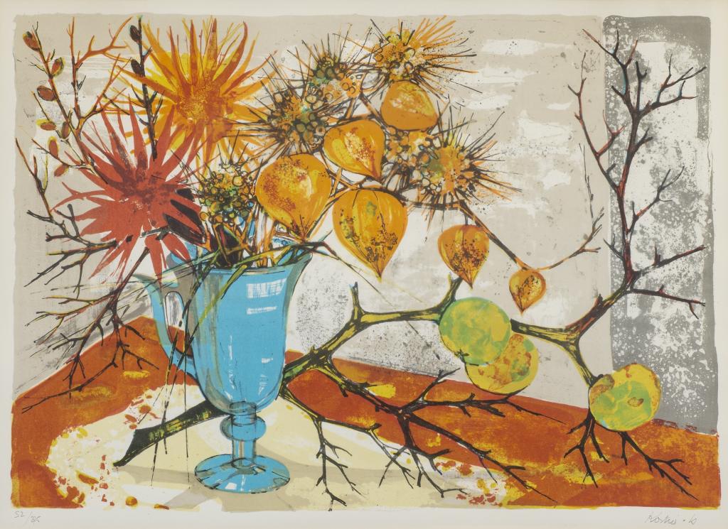 Kostia-B (1928-2013) Signed Modern Litho: Color Lithograph Modern Floral Still Life. Signed and numbered in pencil. Signed lower right Kostia-B. Numbered lower left 52 / 275. Height: 24"; Width: 30". Image size: 16 3/4" x 23 1/4". Adhered to 