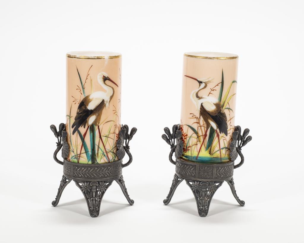 Pair Painted Opaline Glass Vases with Stands (1 of 8)