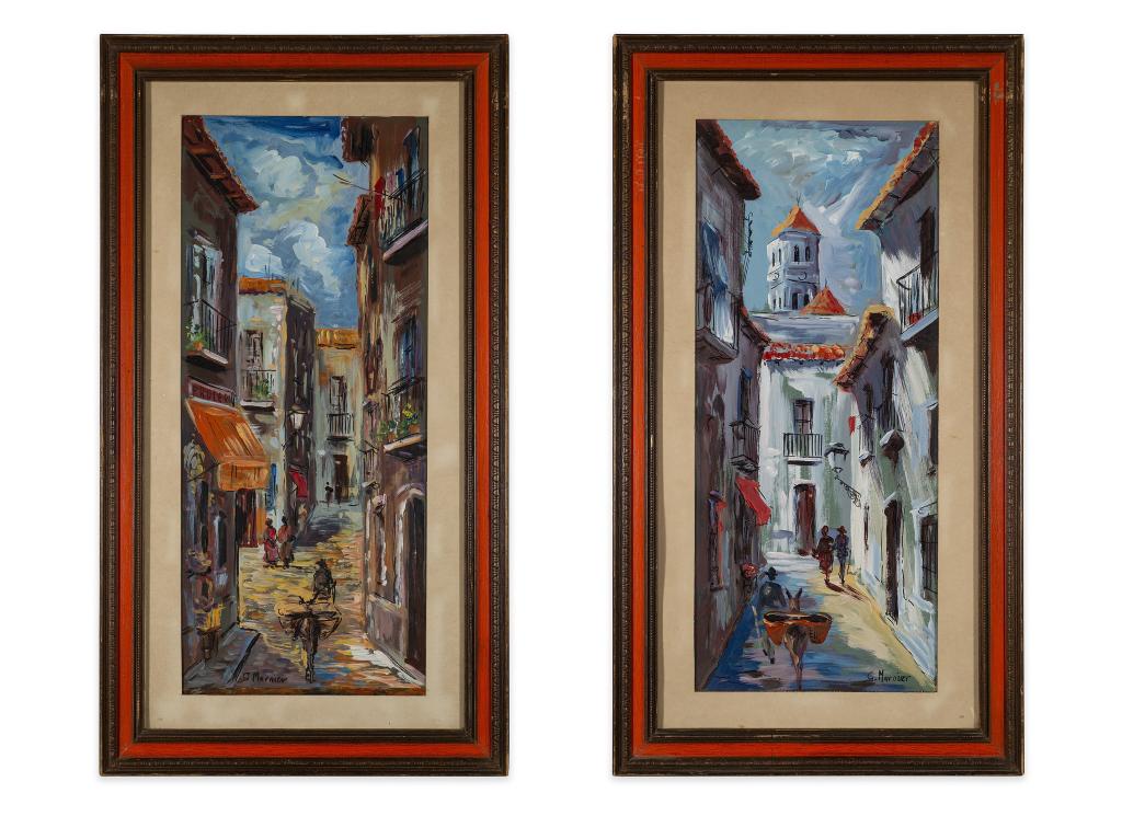 Pair Signed Street Scene Paintings (1 of 7)