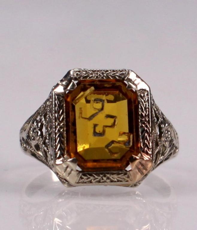 Art Deco 14K White Gold Filigree Citrine Ring (1 of 4)