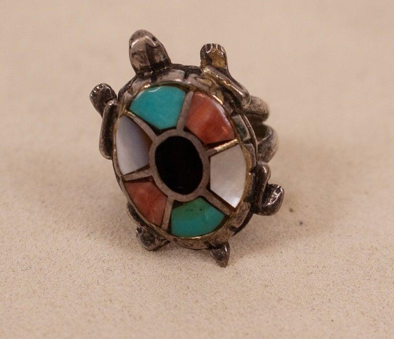 Sterling Silver & Inlaid Stone Turtle Ring (1 of 8)