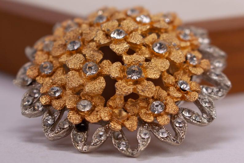 Gold and Silver Domed Floral Rhinestone Brooch (1 of 6)